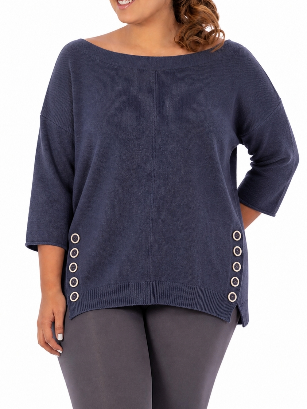 Terra & Sky Women’s 3X Navy Button Detail Sweater Plus Size Boat Neck Knit Top